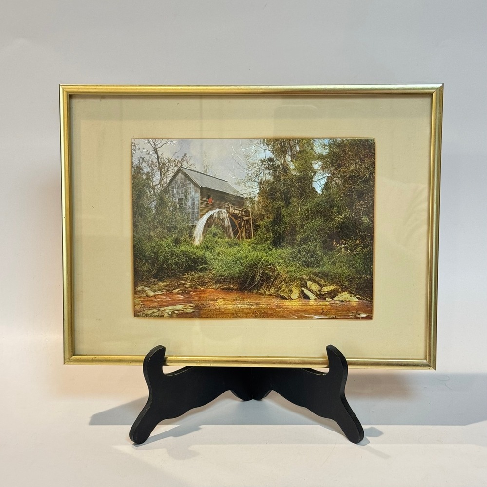 Vintage 70s Retro Foil Art Image in Gold Frame Water Mill‎ Farm Country Scene